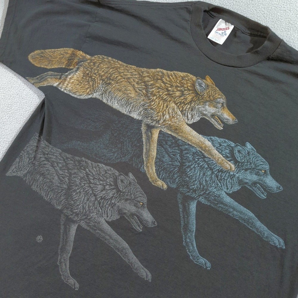 Jerzees T-Shirt Mens XL Black 1997 Vintage Running Wolf Graphic Nature Tee